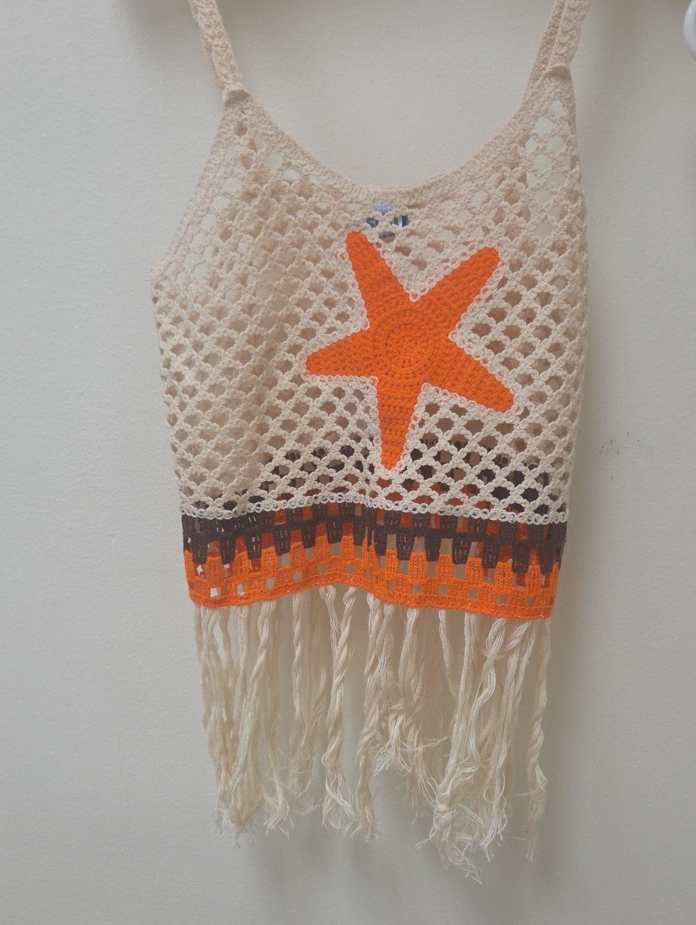 Crochet Fringe Beach Tank Top with Orange Star